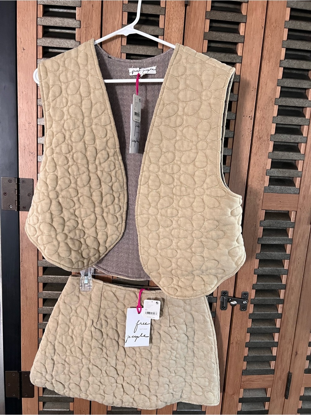 Free People Beige Quilted Flower-Stitch Vest and Mini Skirt Set